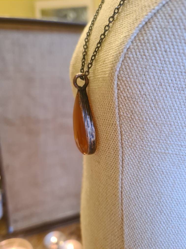 Orange Carnelian Pendant - Teardrop Gemstone - Copper Electroformed