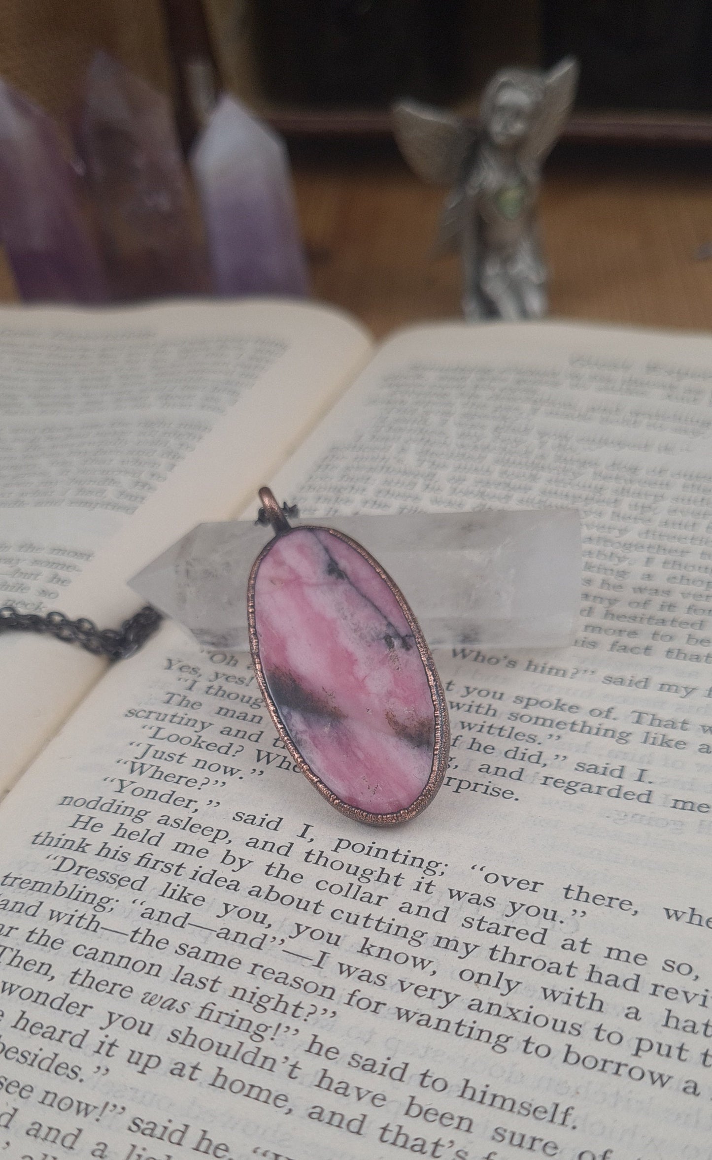Pink Rhodonite Pendant - Oval Gemstone - Copper Electroformed