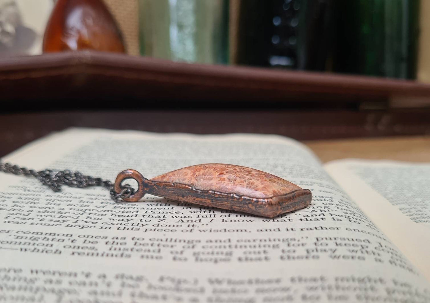 Fossilised Coral Pendant - Freeform Gemstone - Copper Electroformed