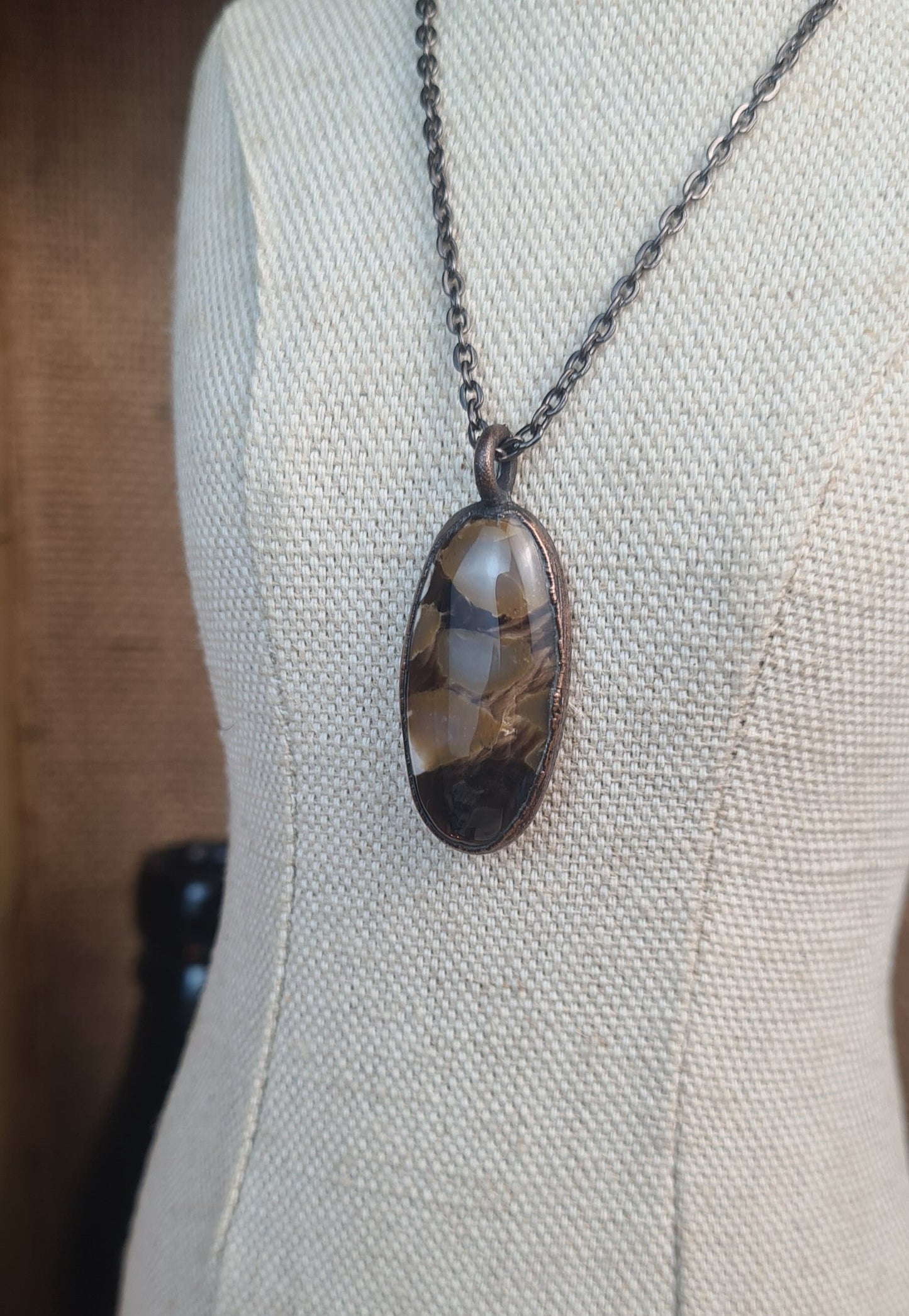 Brown Peanut Wood Pendant - Oval Gemstone - Copper Electroformed