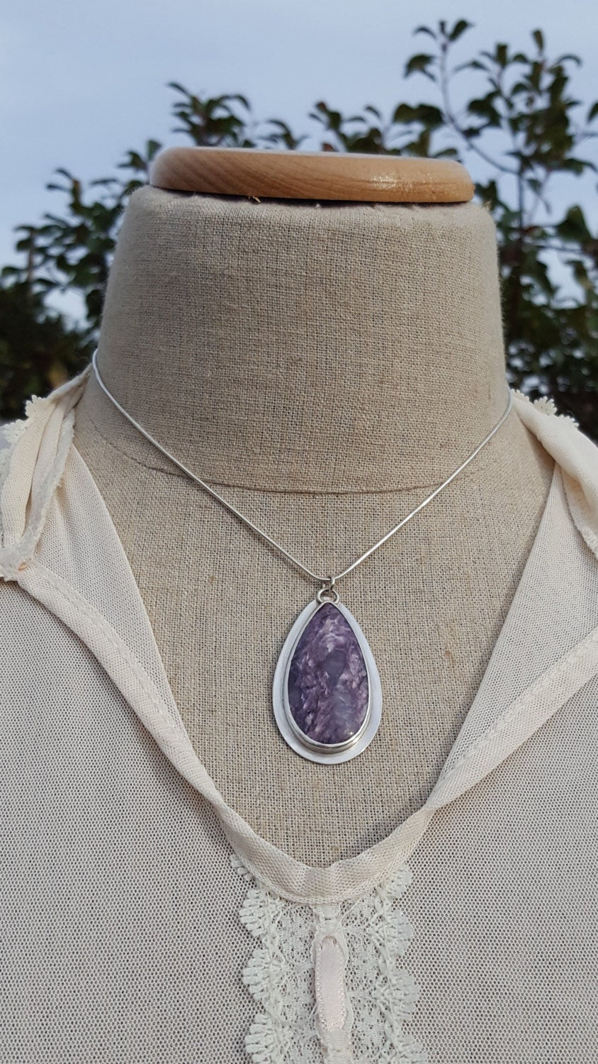 Purple Charoite Pendant - Oval Gemstone - Sterling Silver