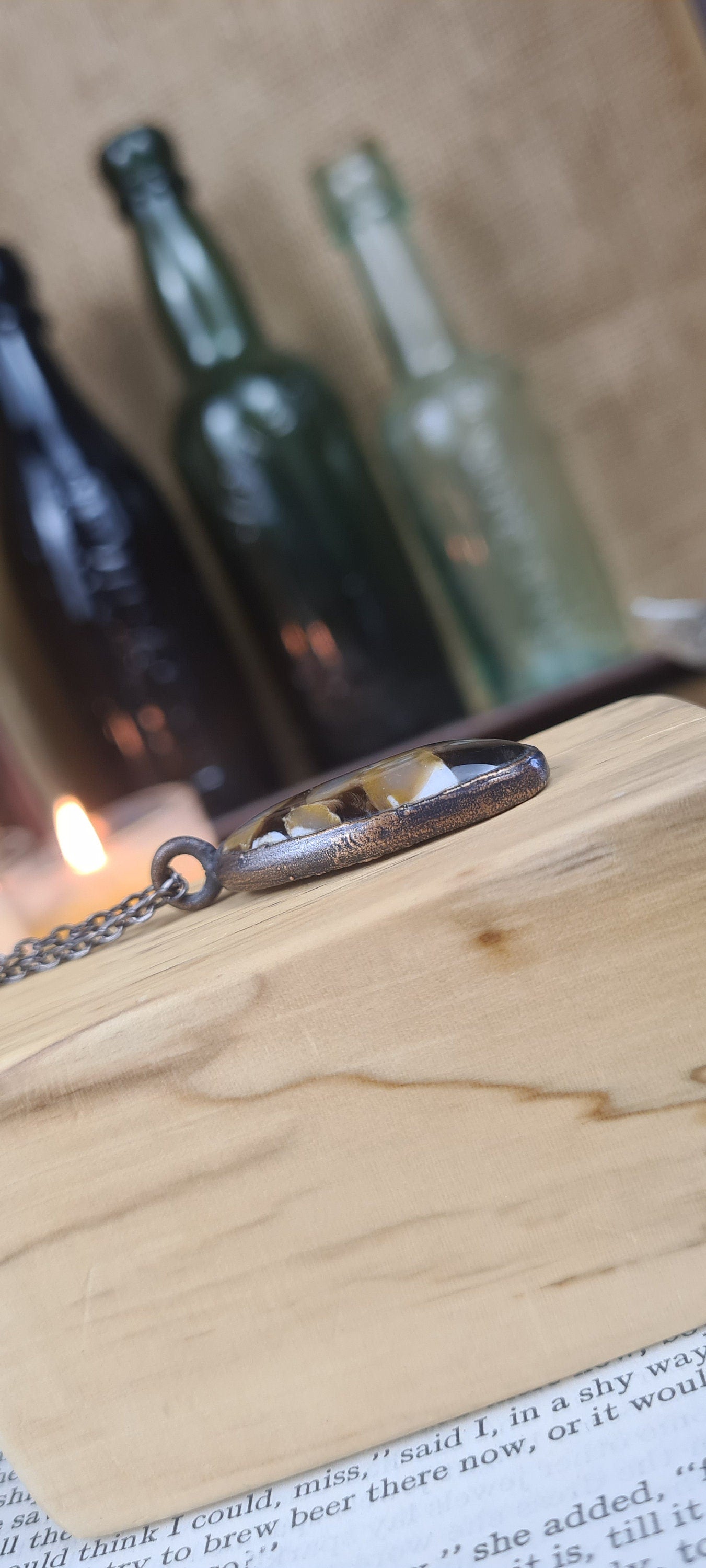 Brown Peanut Wood Pendant - Oval Gemstone - Copper Electroformed