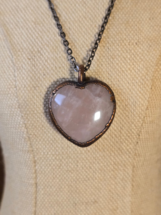 Rose Quartz Pendant - Heart Shaped - Copper Electroformed