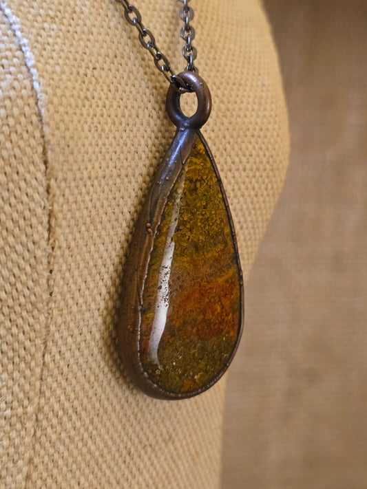 Yellow Moss Agate Pendant - Teardrop Gemstone - Copper Electroformed