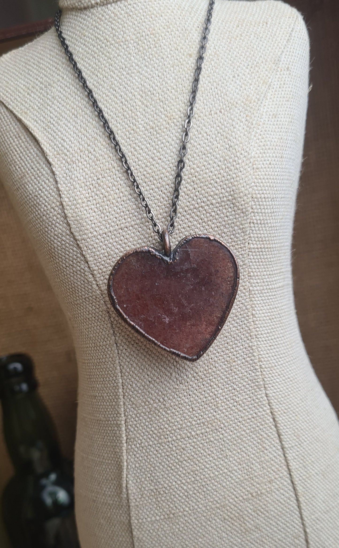 Strawberry Quartz Pendant - Heart Gemstone - Copper Electroformed
