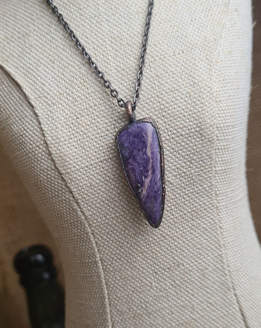 Purple Charoite Pendant - Triangle Gemstone - Copper Electroformed