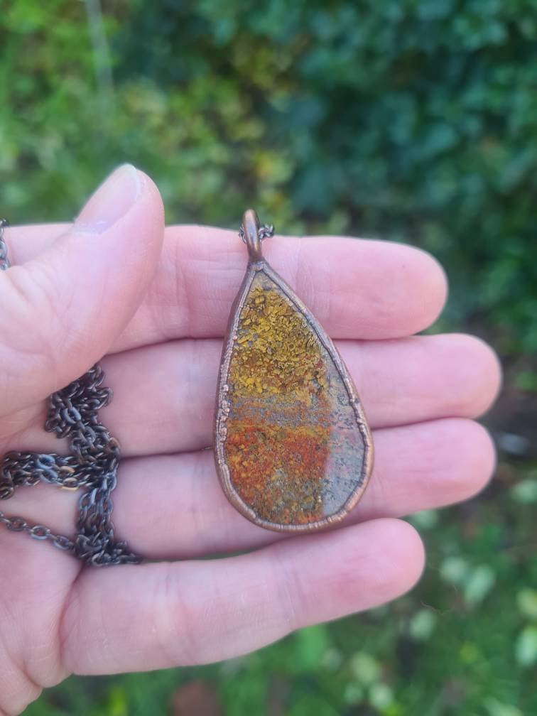 Yellow Moss Agate Pendant - Teardrop Gemstone - Copper Electroformed