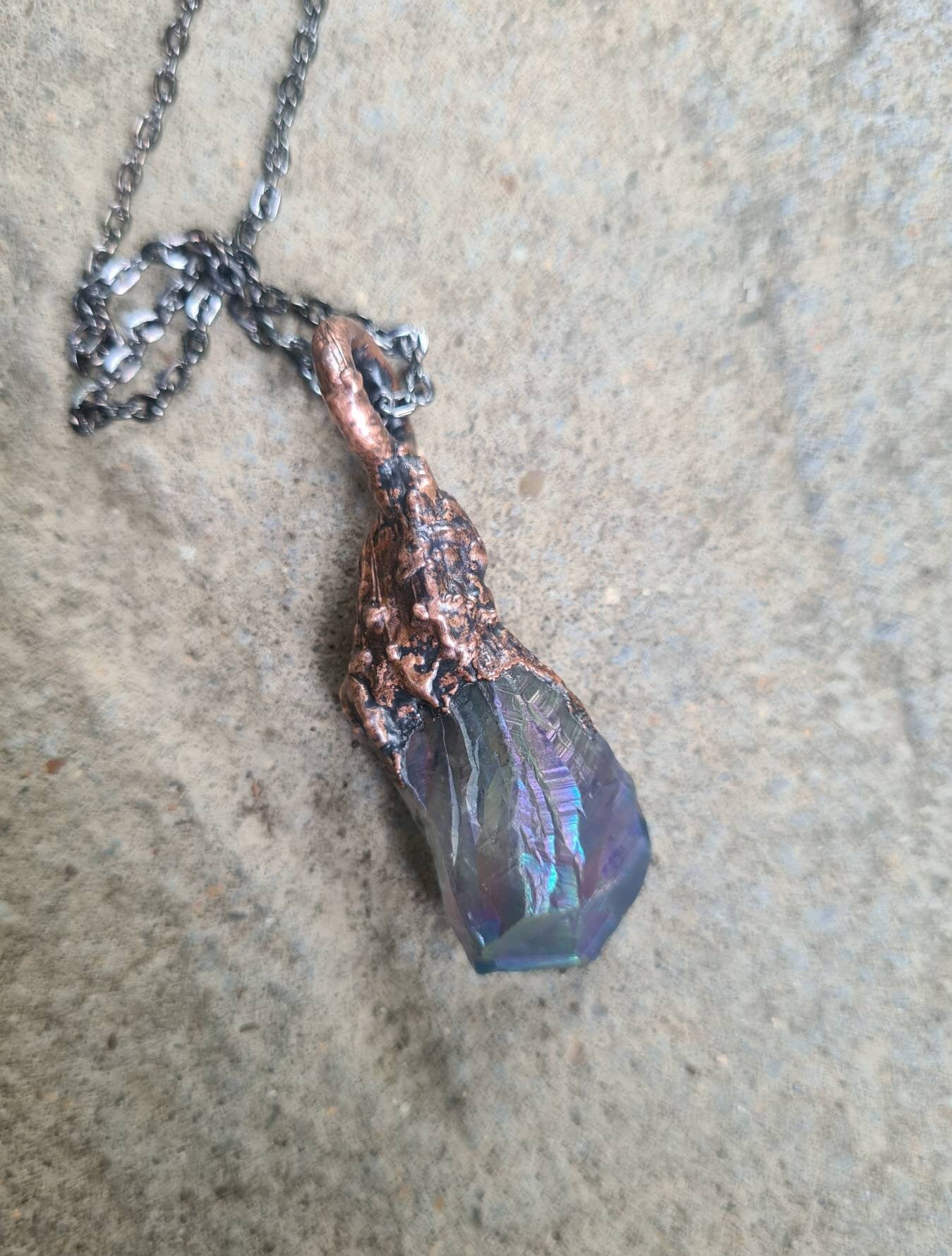 Titanium Coated Quartz Pendant - Crystal Gemstone - Copper Electroformed