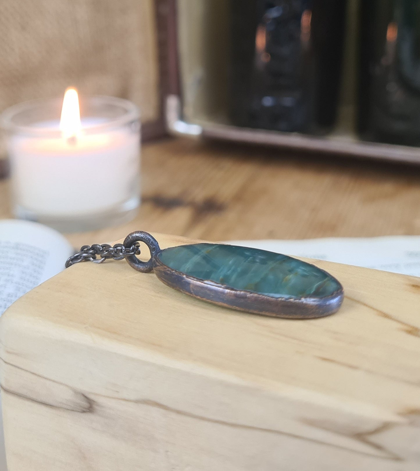 Green Jasper Cabochon - Oval Gemstone - Copper Electroformed
