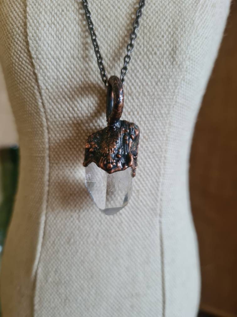 Clear Quartz Pendant - Crystal Gemstone - Copper Electroformed