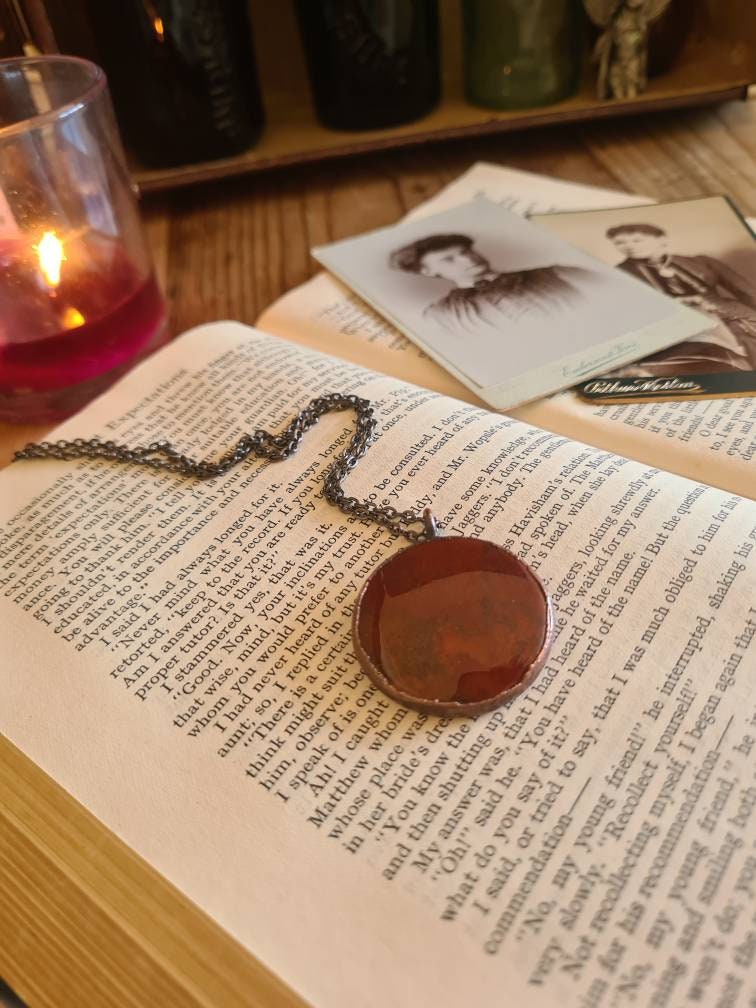 Red Moss Agate Pendant - Round Gemstone - Copper Electroformed