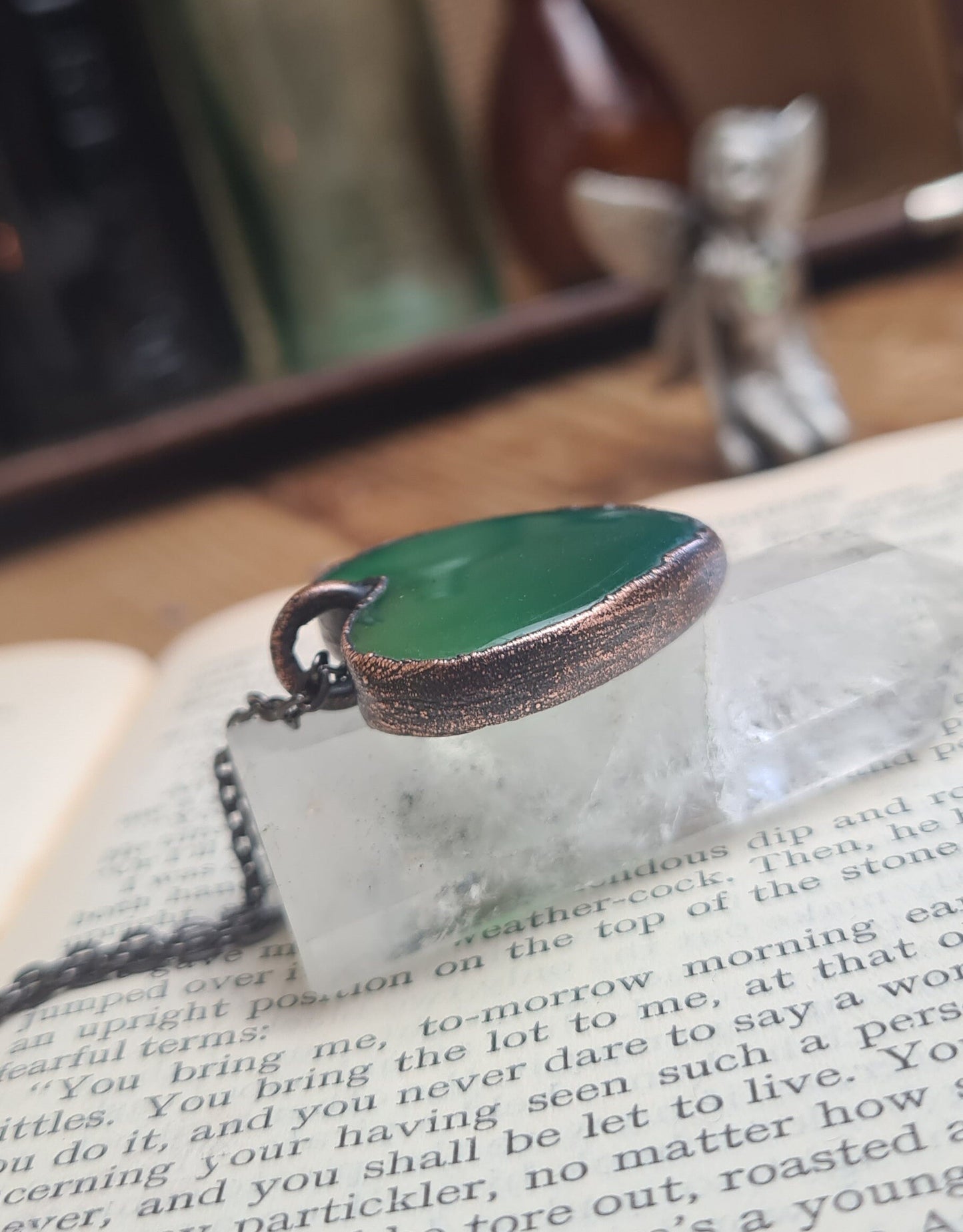 Green Onyx Cabochon - Heart Gemstone - Copper Electroformed