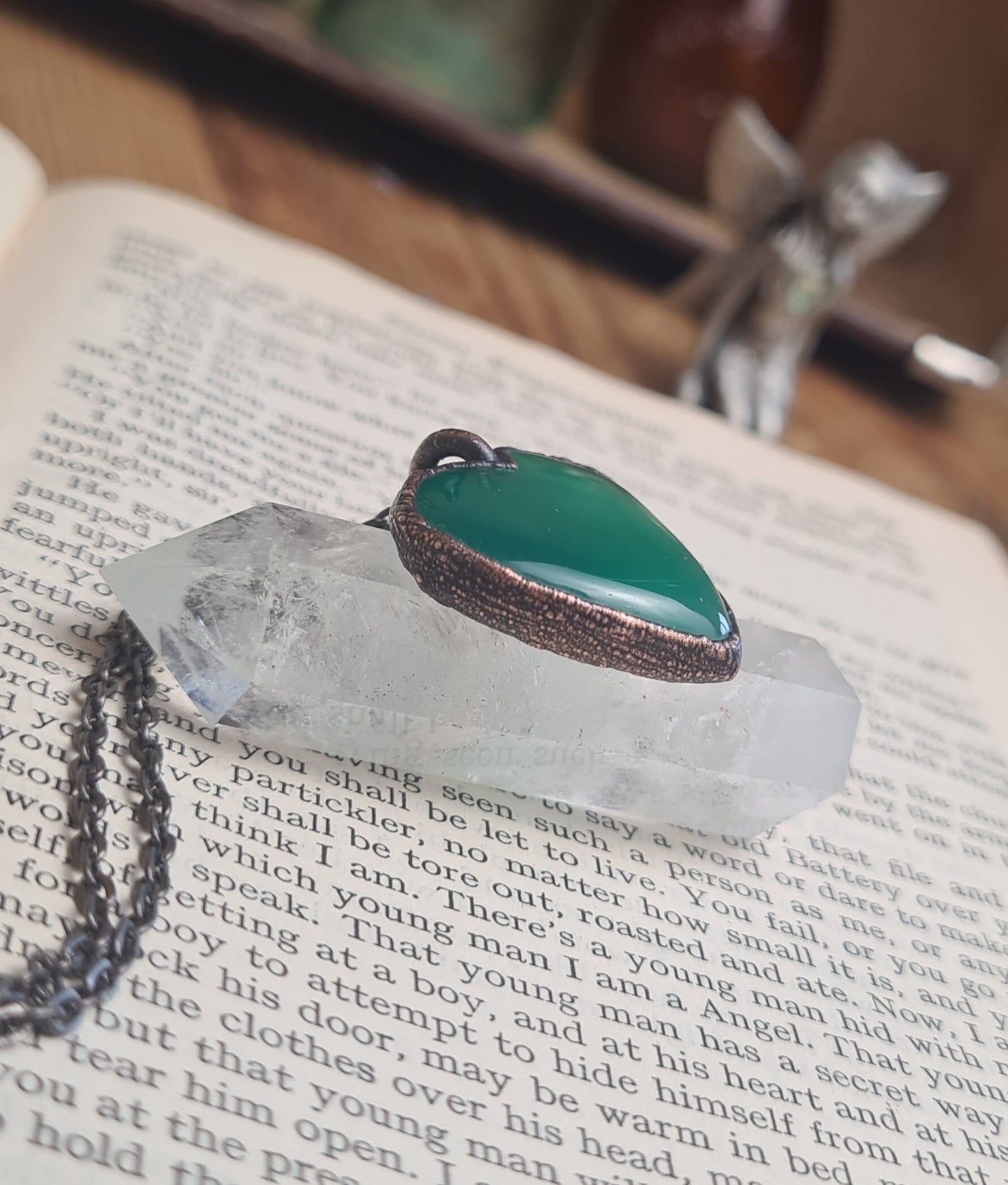 Green Onyx Pendant - Heart Gemstone - Copper Electroformed