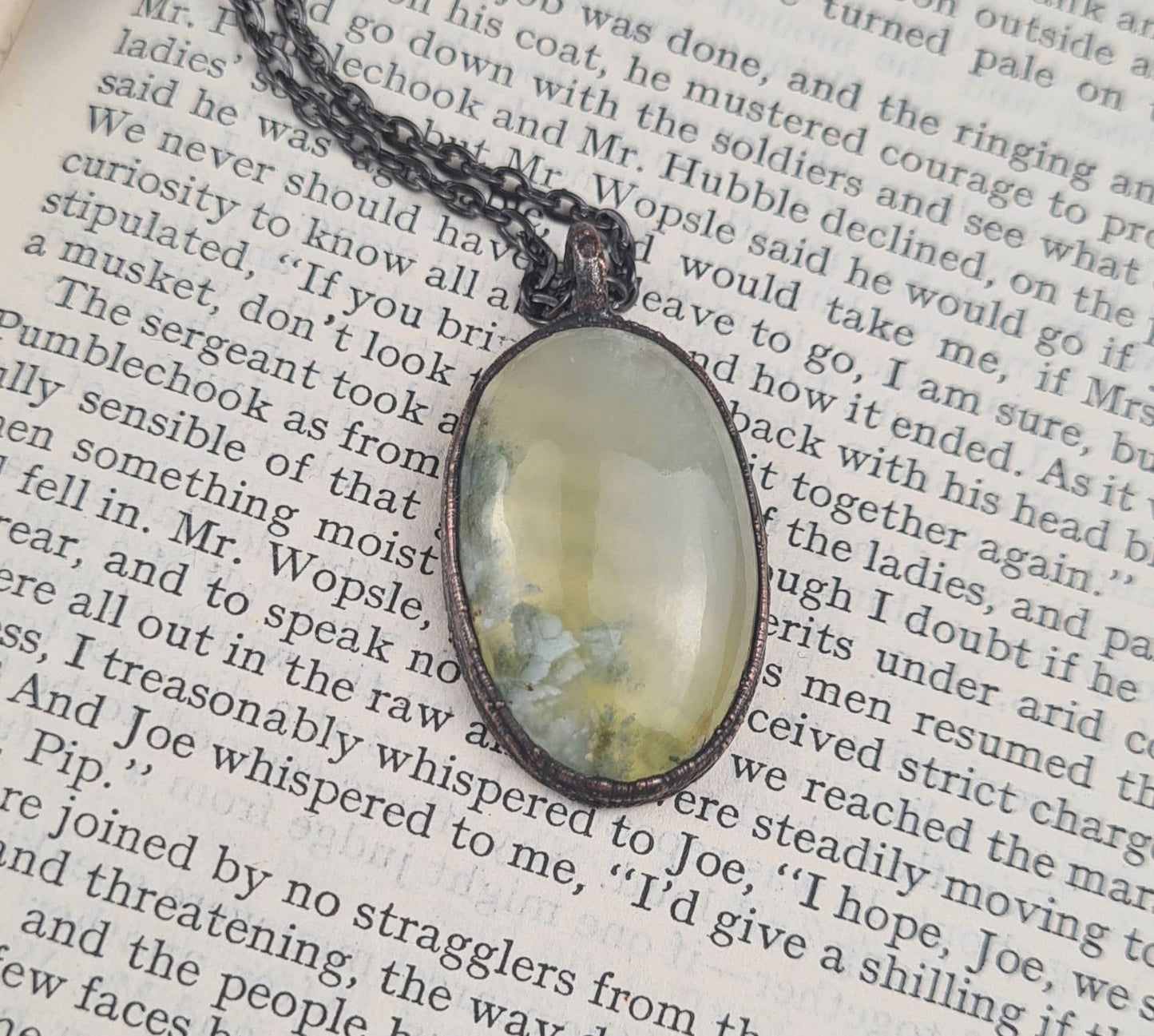 Yellow Prehnite Cabochon - Oval Gemstone - Copper Electroformed