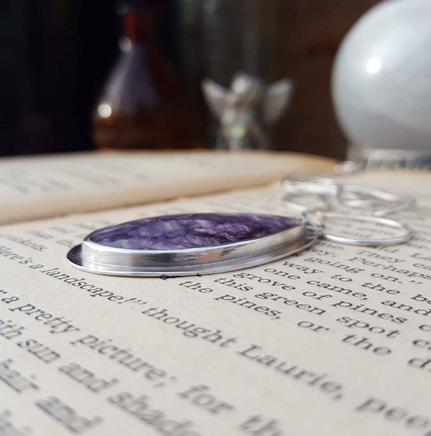 Purple Charoite Pendant - Oval Gemstone - Sterling Silver