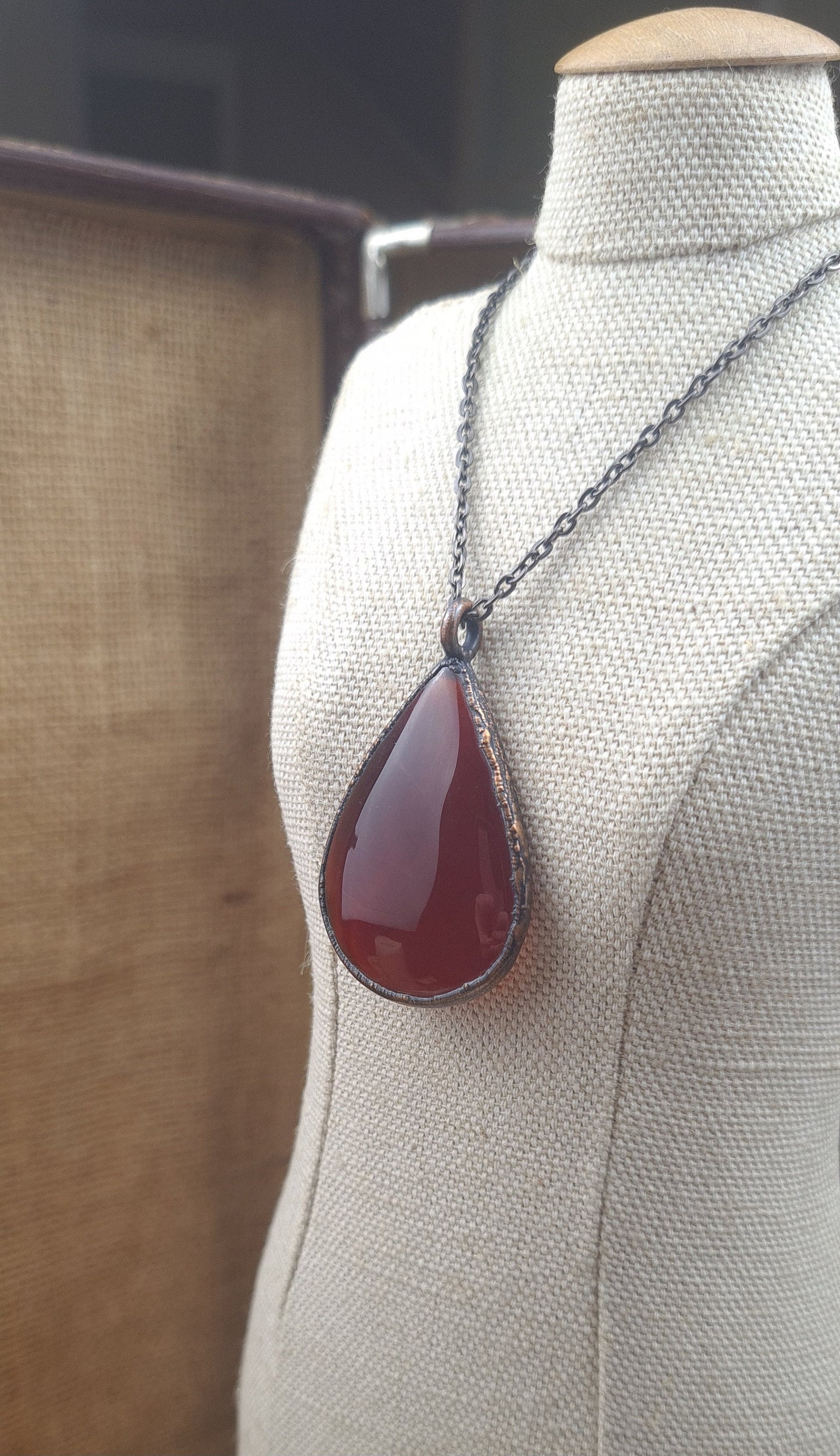 Red Carnelian Cabochon - Teardrop Gemstone - Copper Electroformed