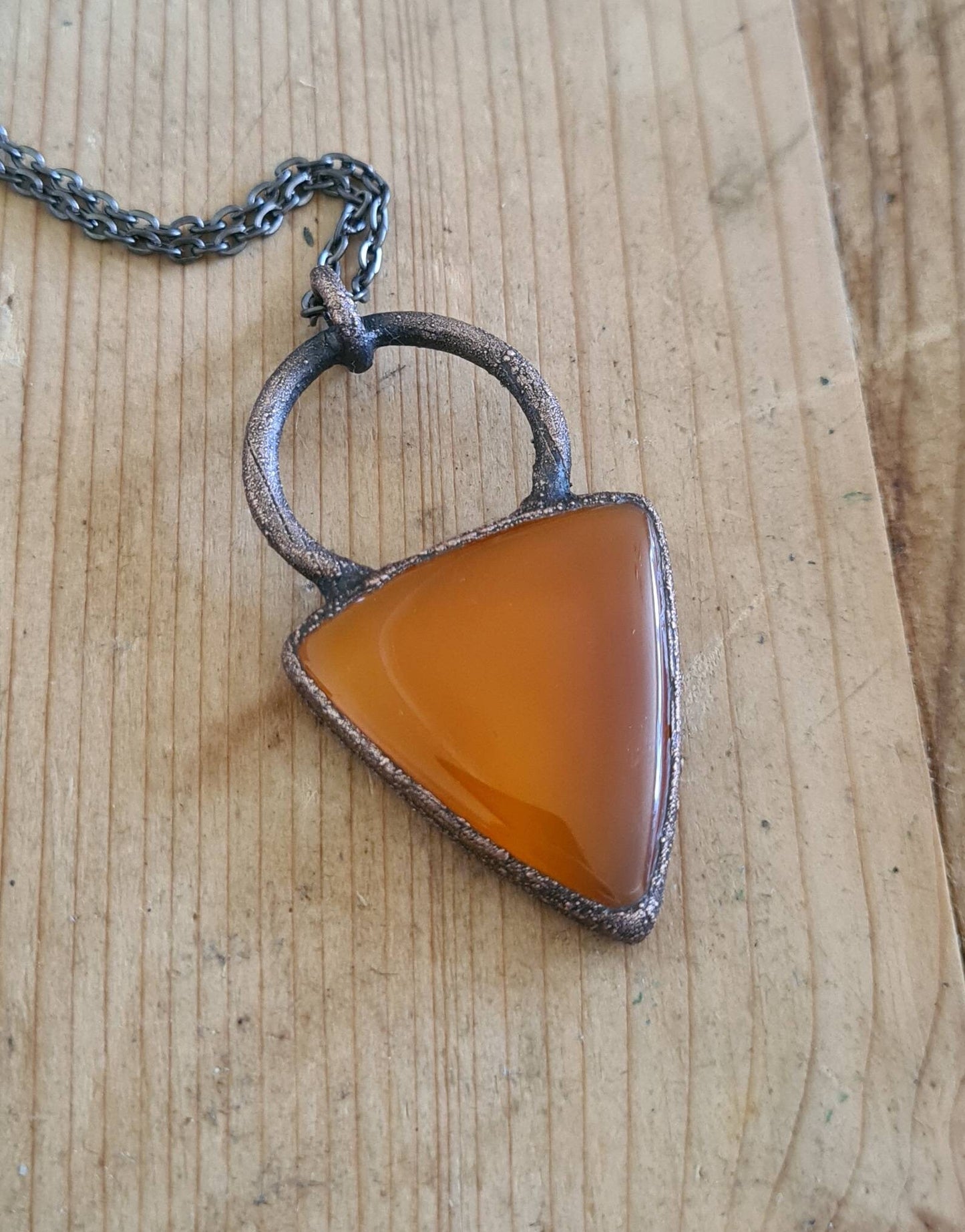 Orange Carnelian Pendant - Triangle Gemstone - Copper Electroformed