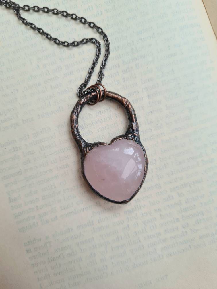 Rose Quartz Pendant - Heart Gemstone - Copper Electroformed