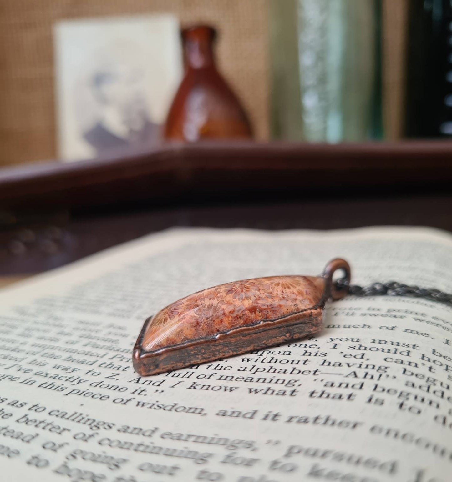 Fossilised Coral Pendant - Freeform Gemstone - Copper Electroformed