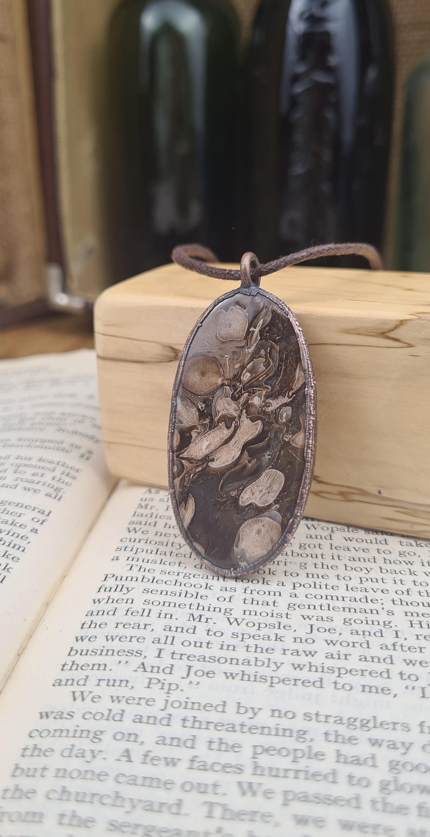 Brown Fossil Chalcedony Pendant - Oval Gemstone - Copper Electroformed