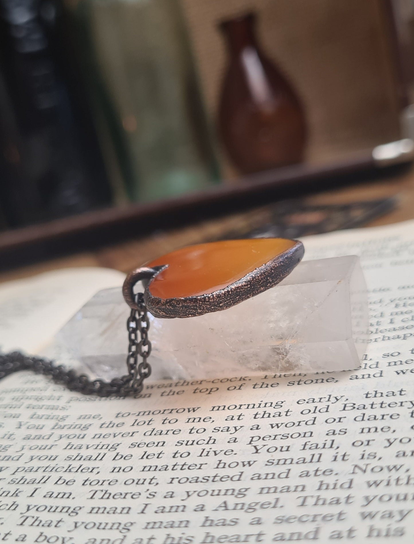 Orange Carnelian Pendant - Heart Gemstone - Copper Electroformed