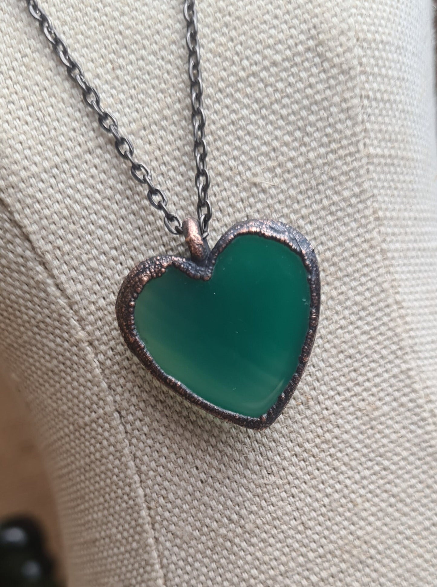 Green Onyx Pendant - Heart Gemstone - Copper Electroformed