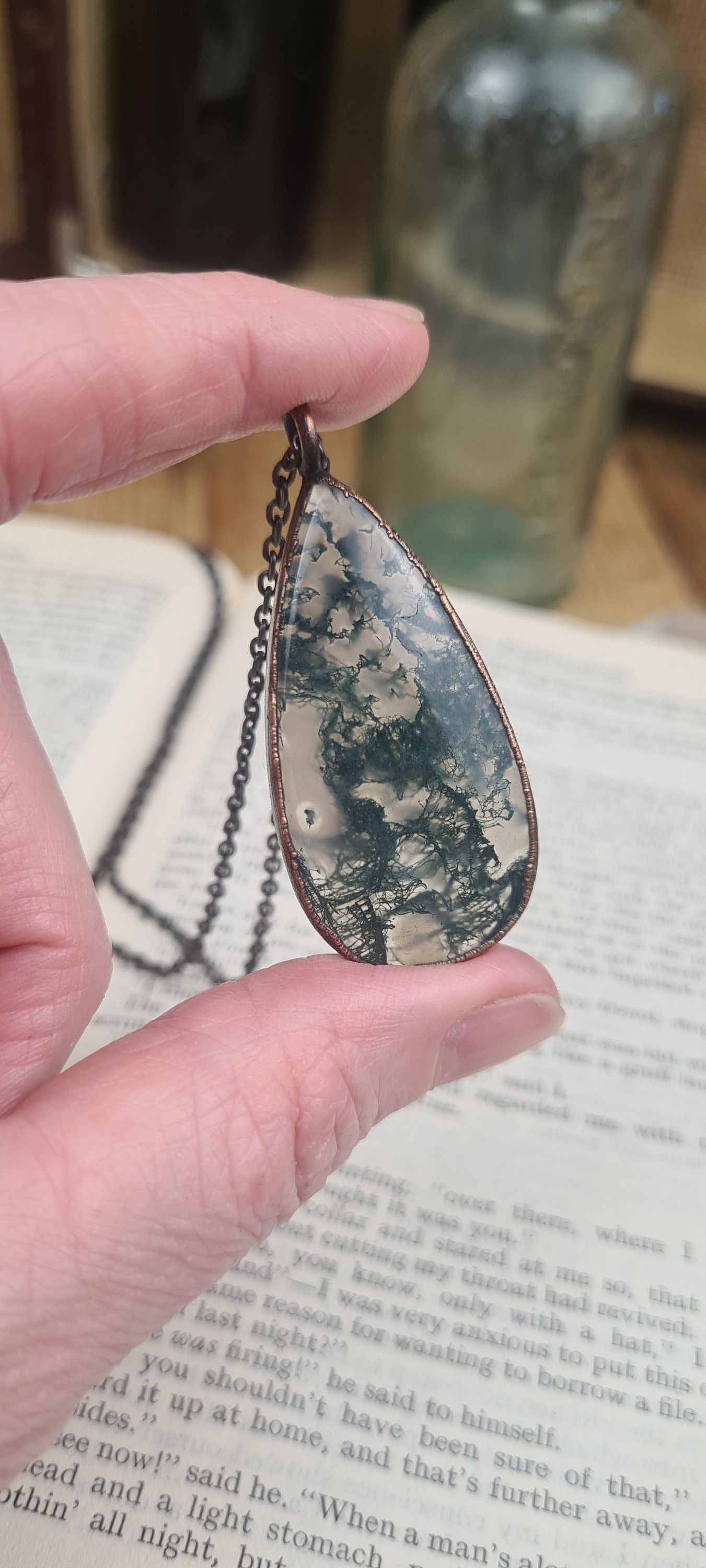 Green Moss Agate Pendant - Teardrop Gemstone - Copper Electroformed