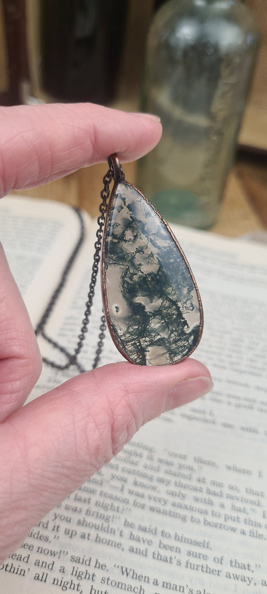 Green Moss Agate Pendant - Teardrop Gemstone - Copper Electroformed