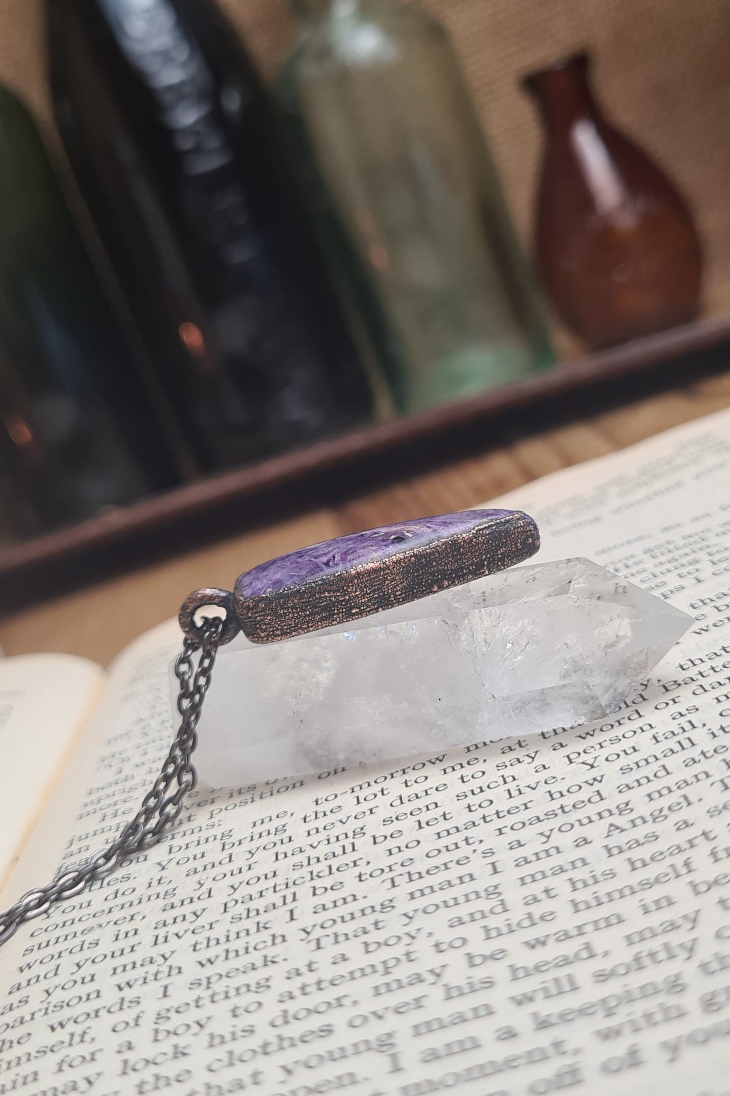 Purple Charoite Pendant - Triangle Gemstone - Copper Electroformed