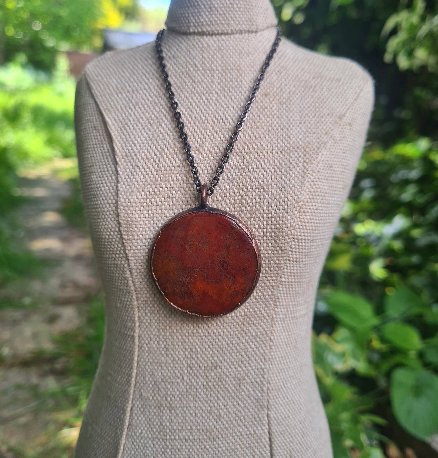 Red Moss Agate Pendant - Round Gemstone - Copper Electroformed