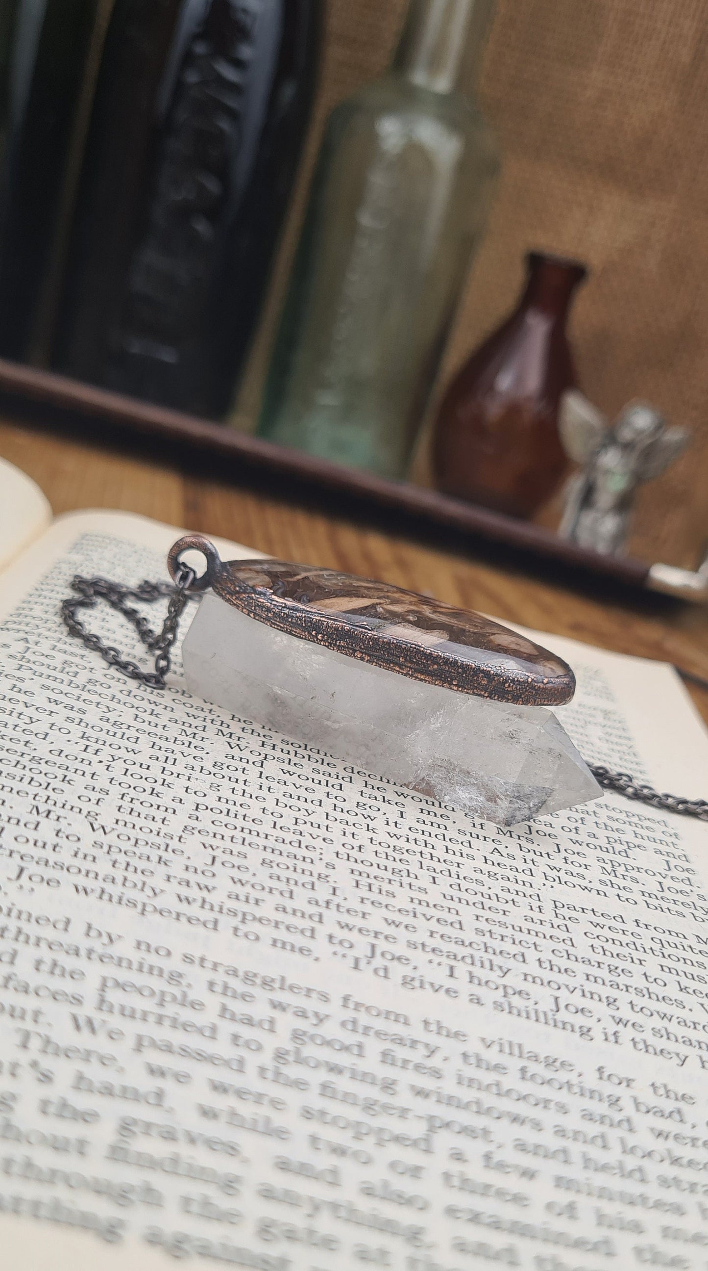 Brown Fossil Chalcedony Pendant - Oval Gemstone - Copper Electroformed