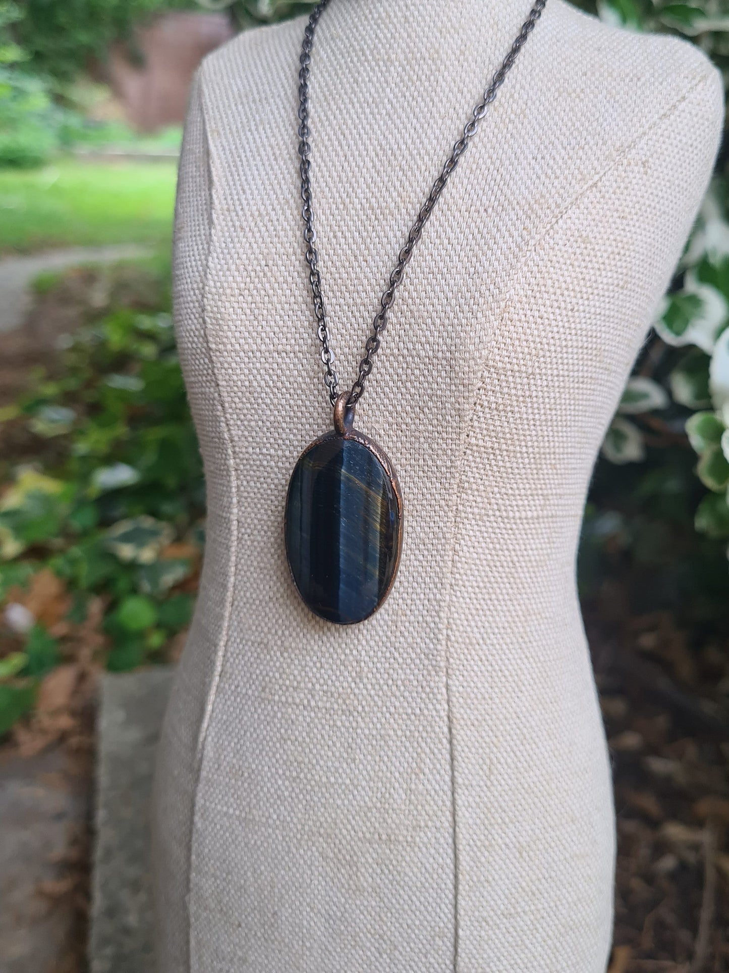 Blue Tigers Eye Cabochon - Oval Gemstone - Copper Electroformed