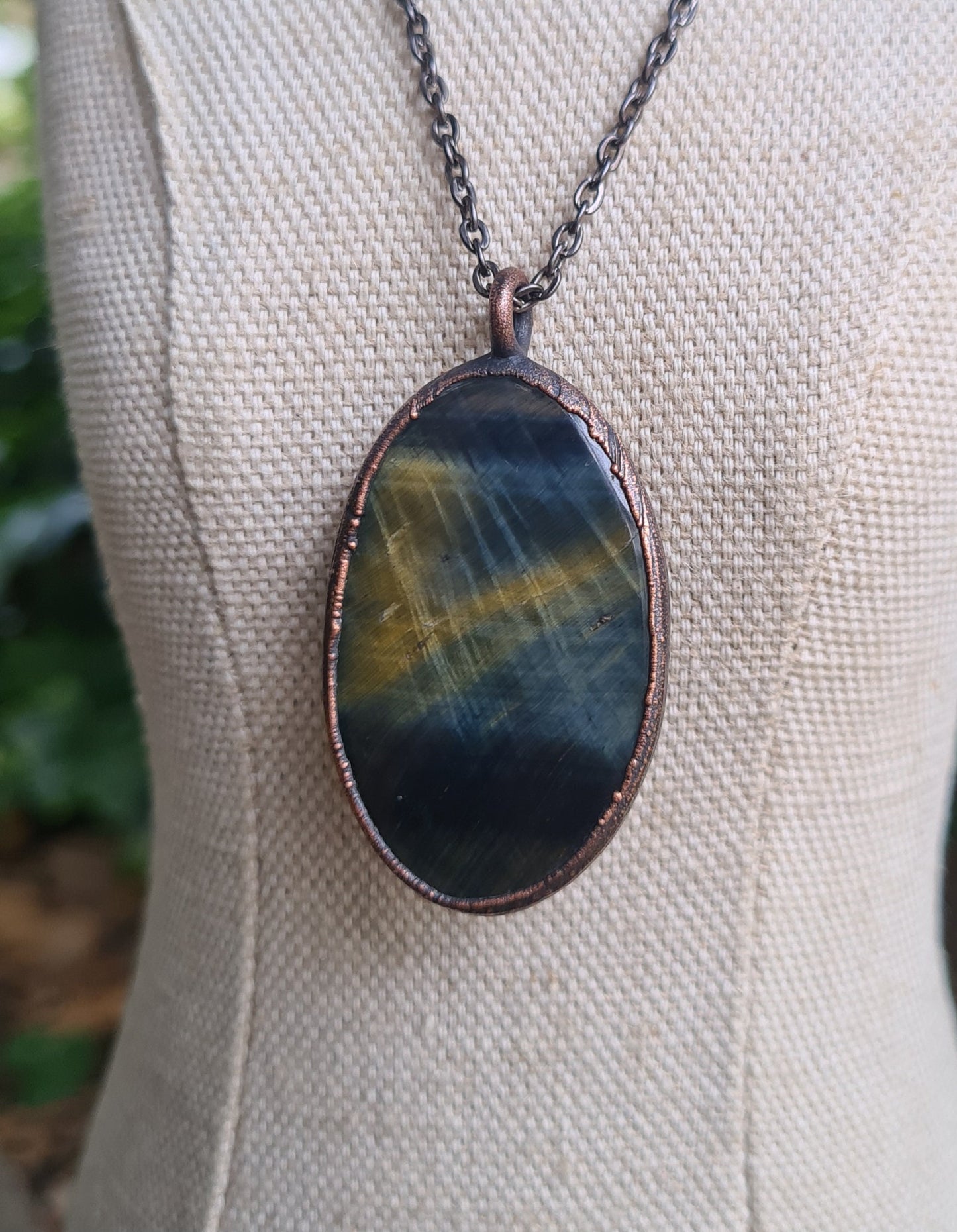 Blue Tigers Eye Pendant - Oval Gemstone - Copper Electroformed