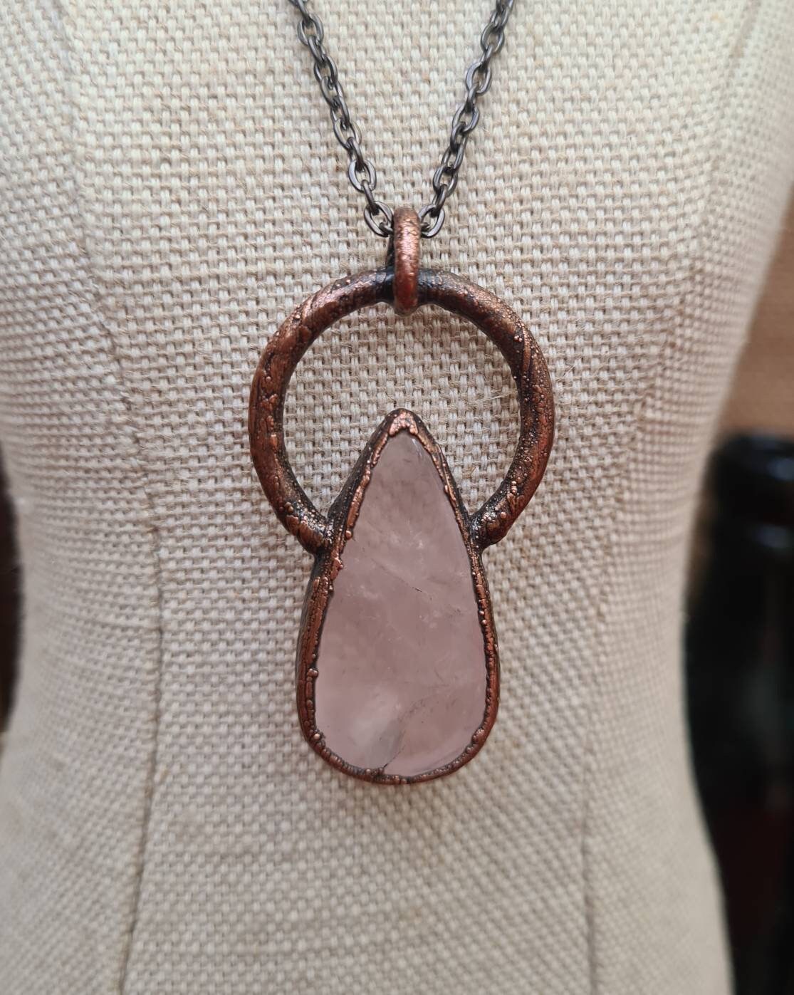 Rose Quartz Pendant - Teardrop Gemstone - Copper Electroformed
