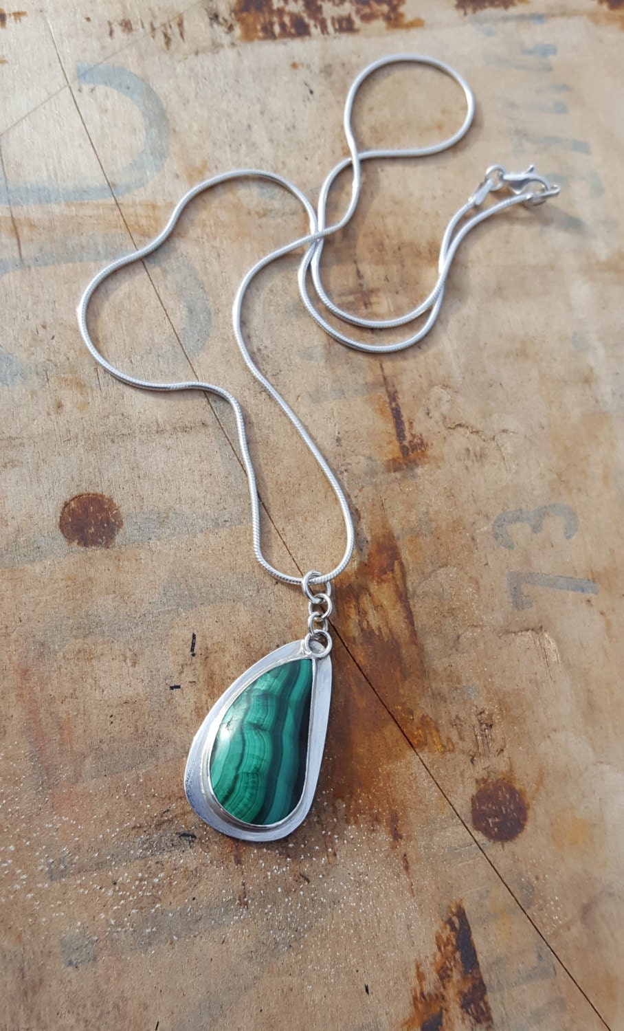 Green Malachite Pendant - Teardrop Gemstone - Sterling Silver