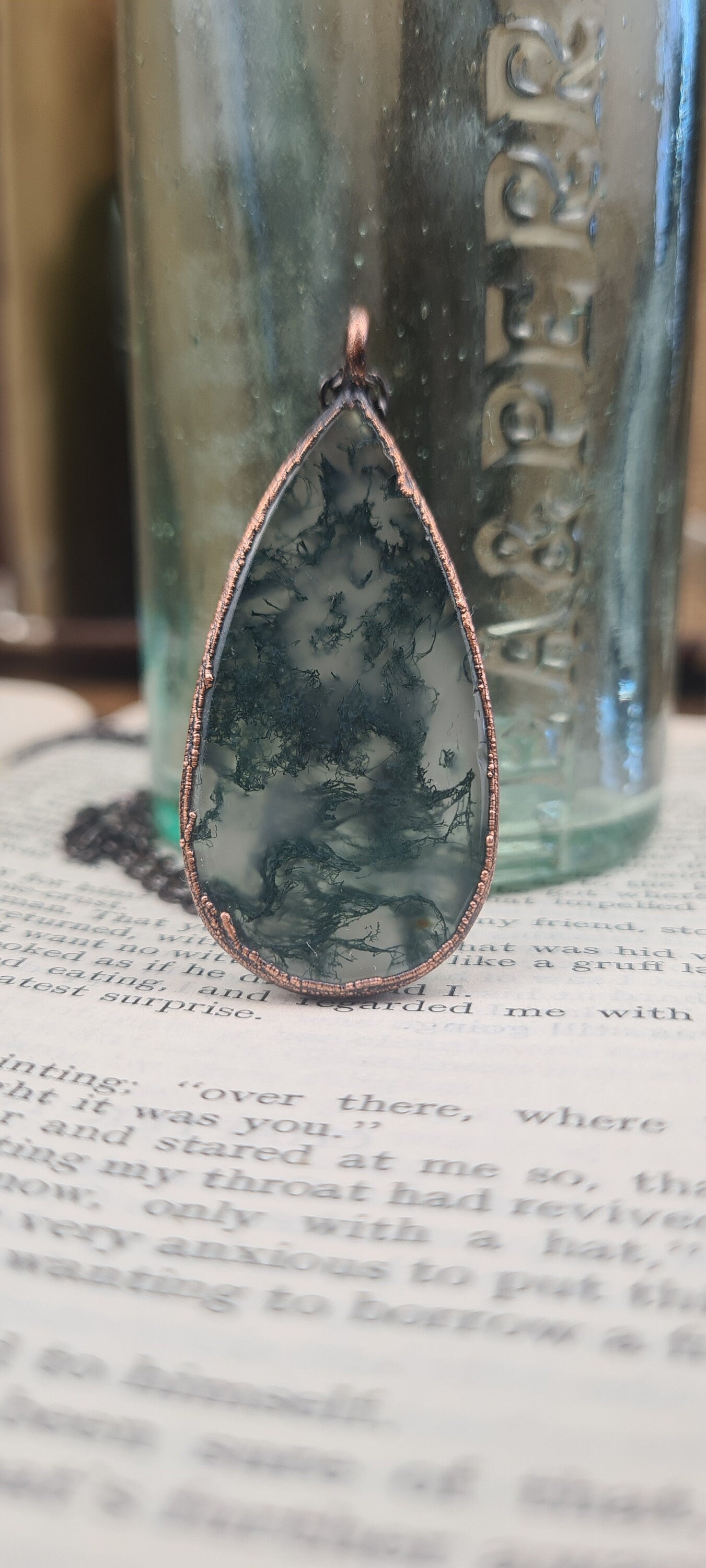 Green Moss Agate Pendant - Teardrop Gemstone - Copper Electroformed