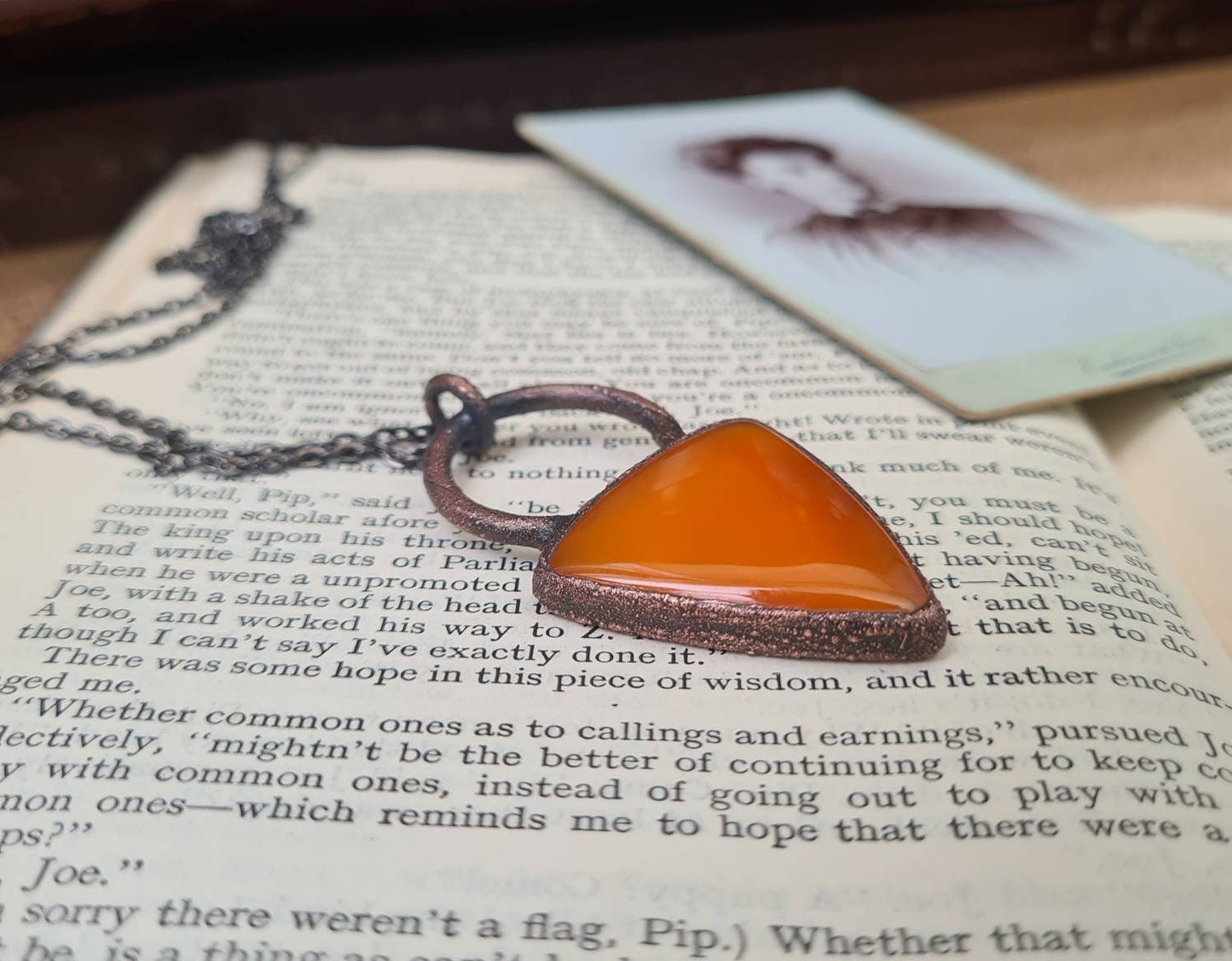 Orange Carnelian Pendant - Triangle Gemstone - Copper Electroformed