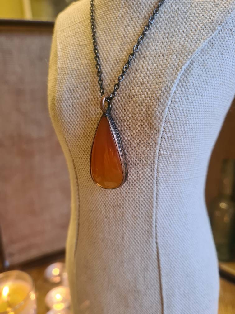Orange Carnelian Pendant - Teardrop Gemstone - Copper Electroformed