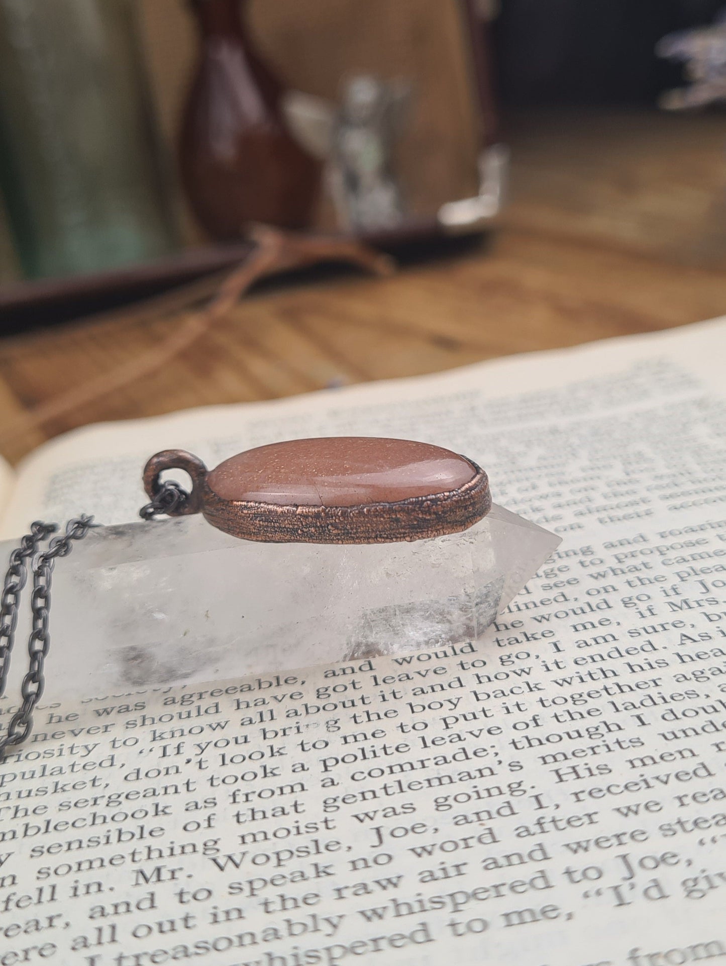 Peach Moonstone Pendant - Oval Gemstone - Copper Electroformed