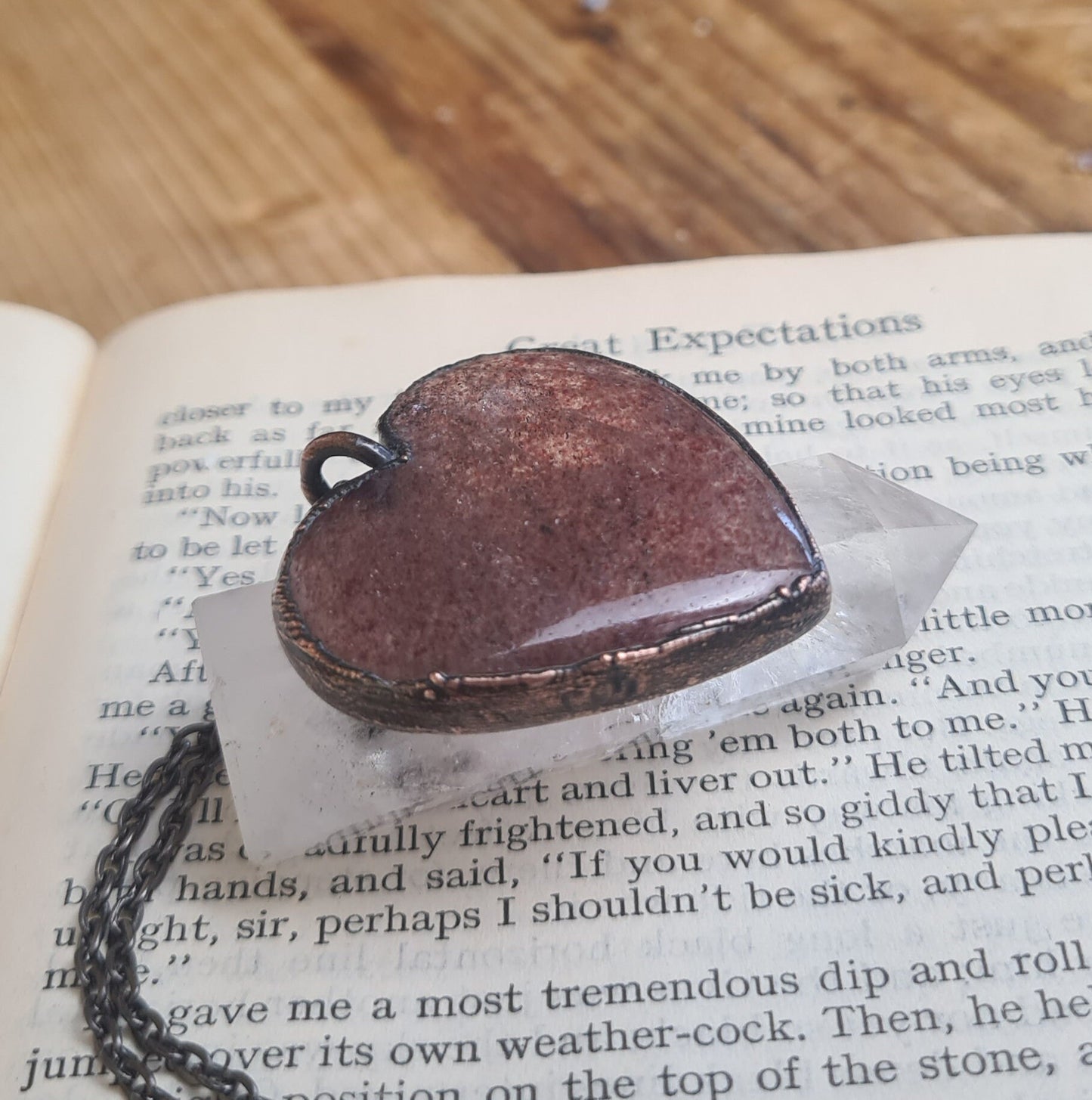 Strawberry Quartz Pendant - Heart Gemstone - Copper Electroformed