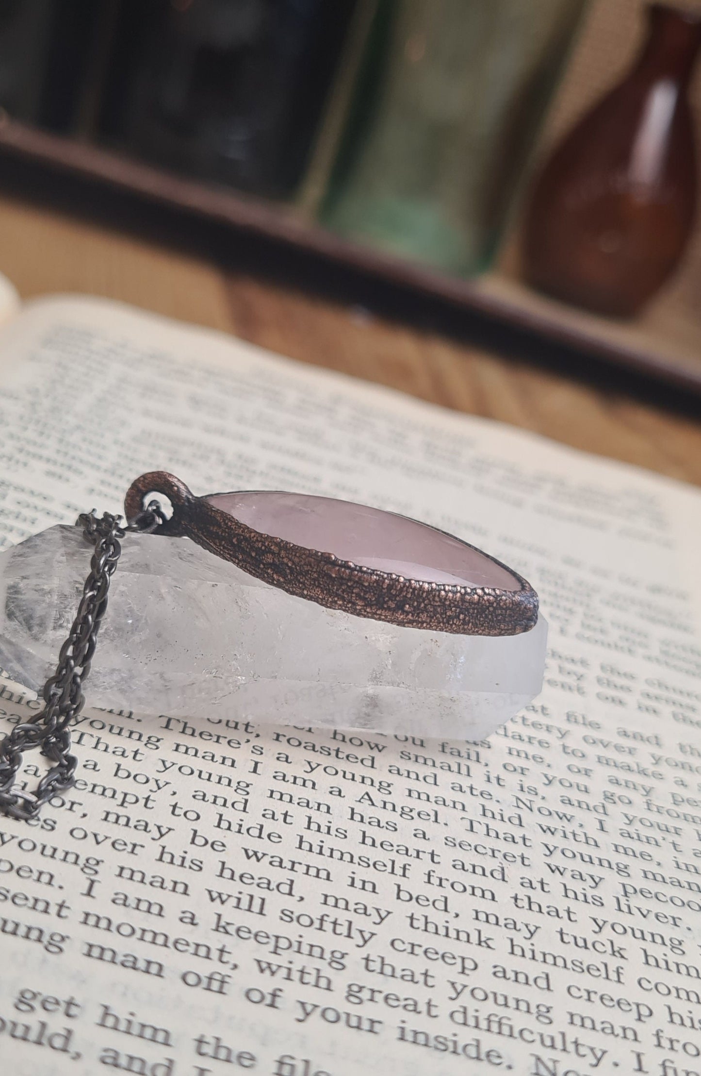 Rose Quartz Pendant - Oval Gemstone - Copper Electroformed