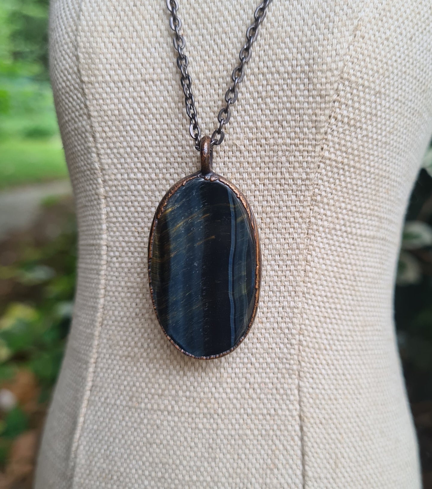 Blue Tigers Eye Cabochon - Oval Gemstone - Copper Electroformed