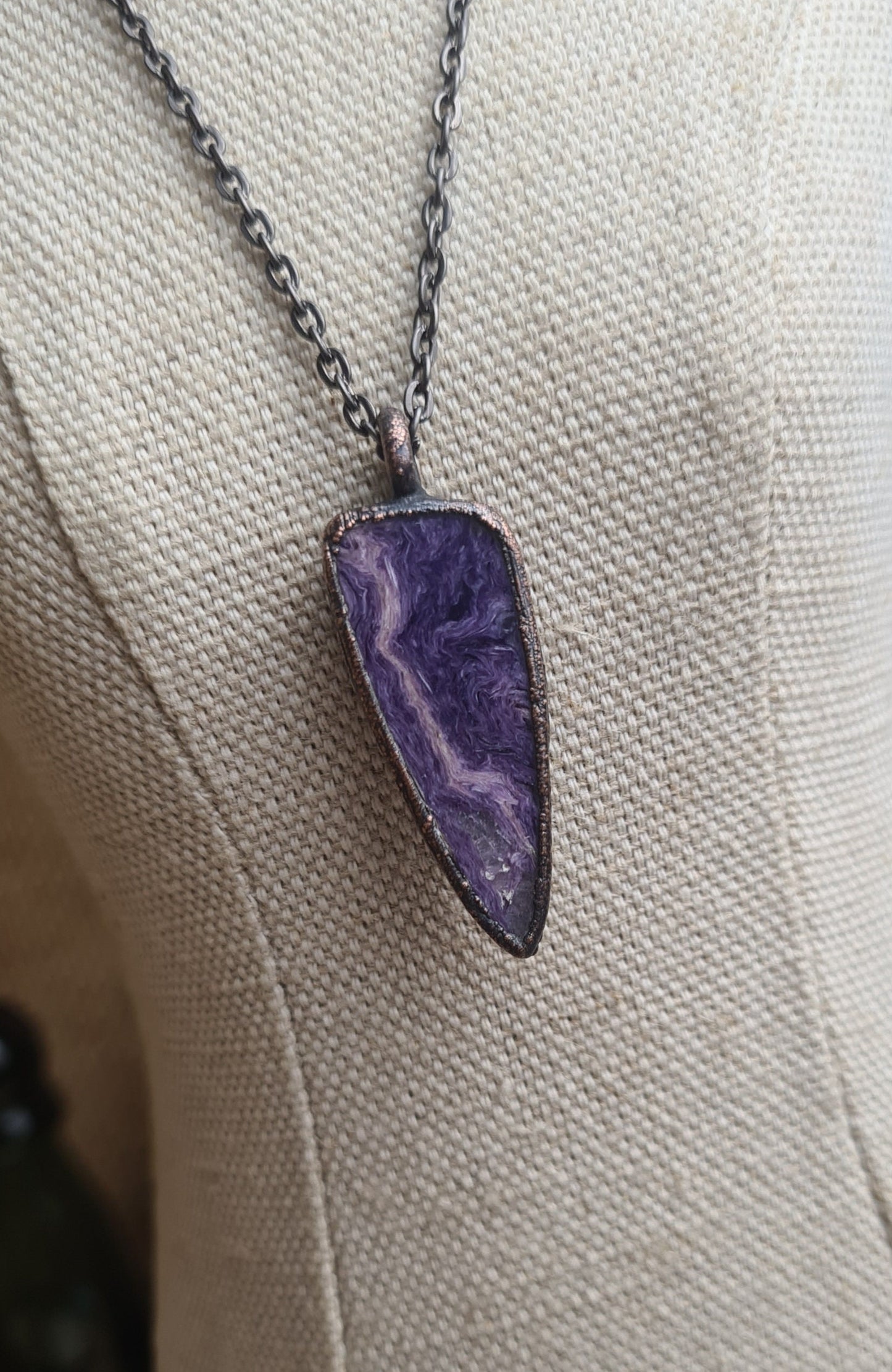 Purple Charoite Pendant - Triangle Gemstone - Copper Electroformed