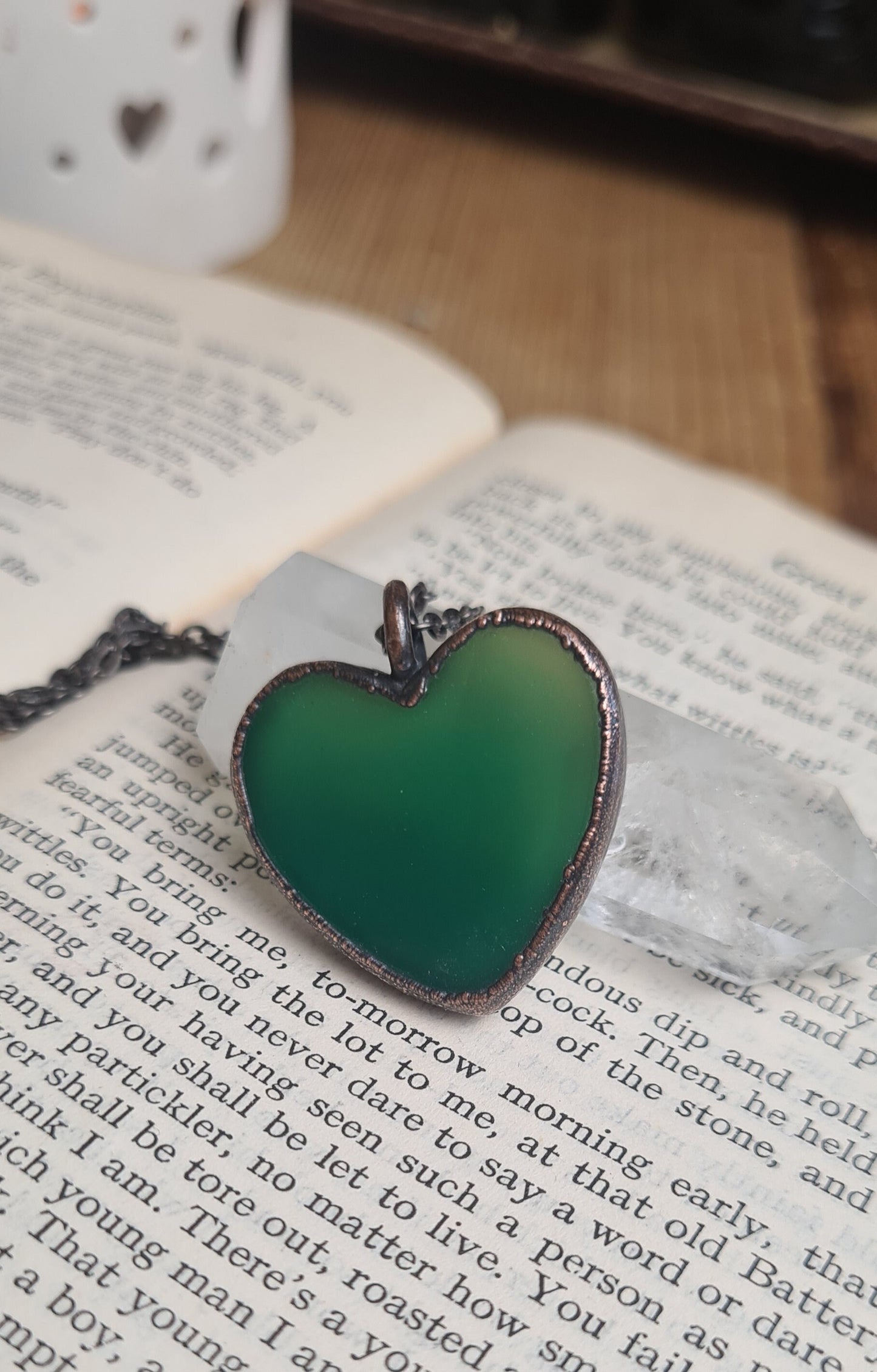 Green Onyx Cabochon - Heart Gemstone - Copper Electroformed