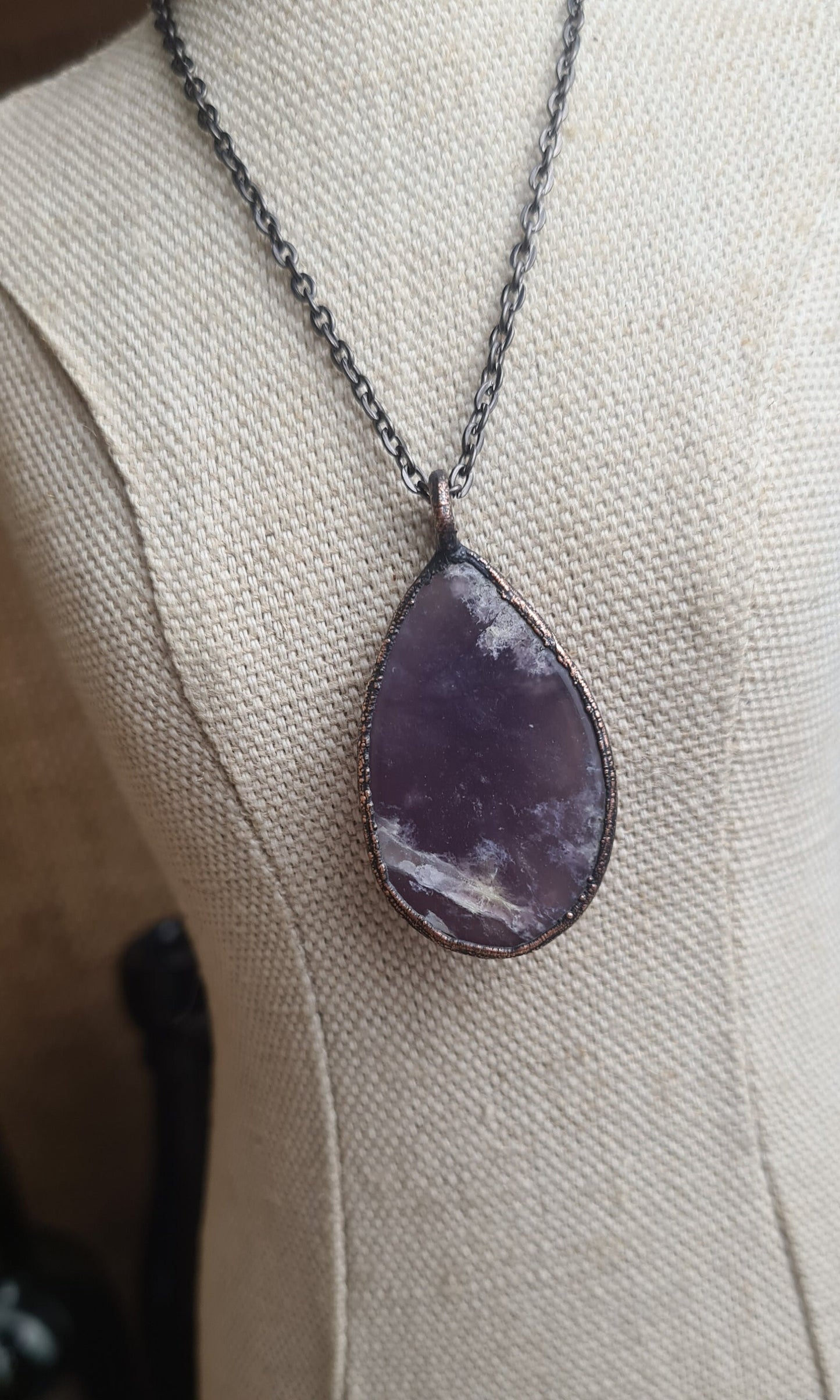 Purple Chalcedony Pendant - Teardrop Gemstone - Copper Electroformed