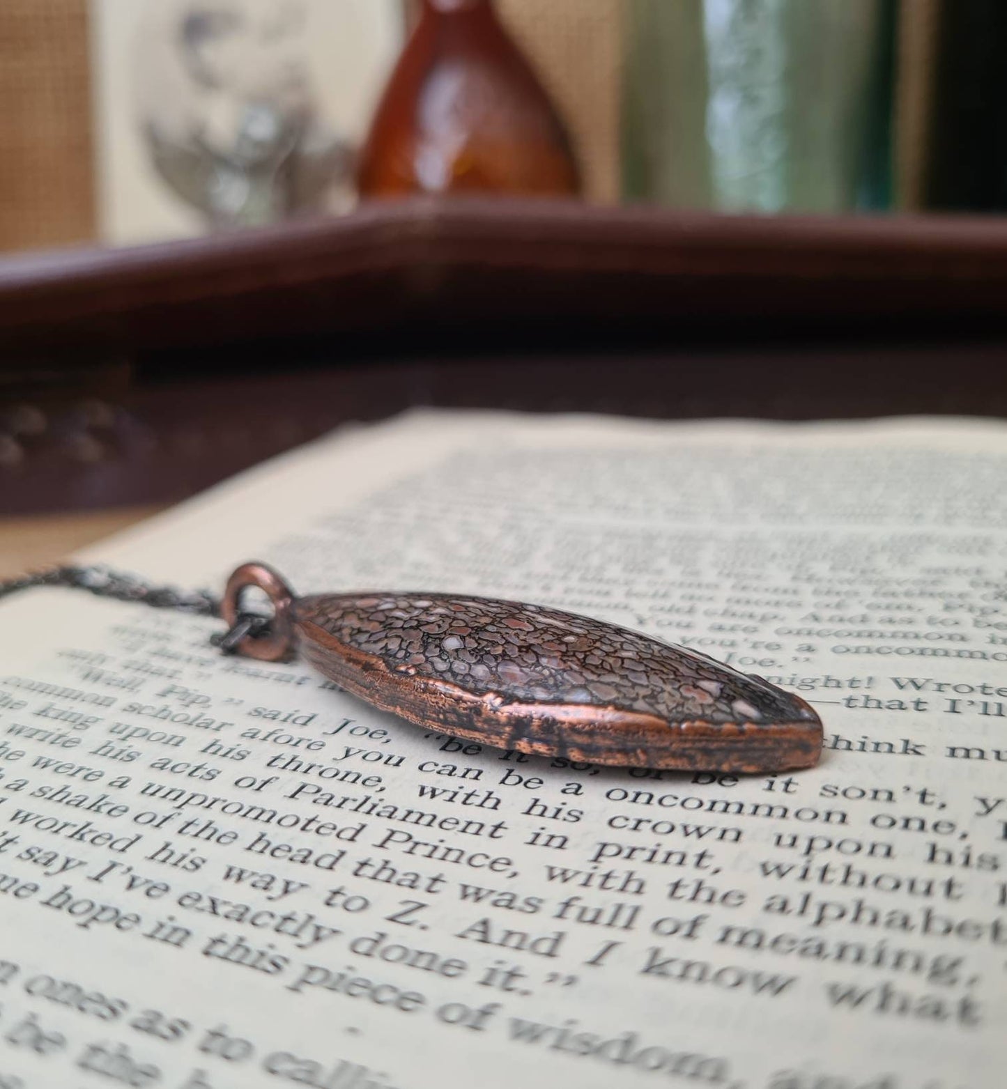 Fossilised Dinosaur Bone Pendant - Oval Gemstone - Copper Electroformed