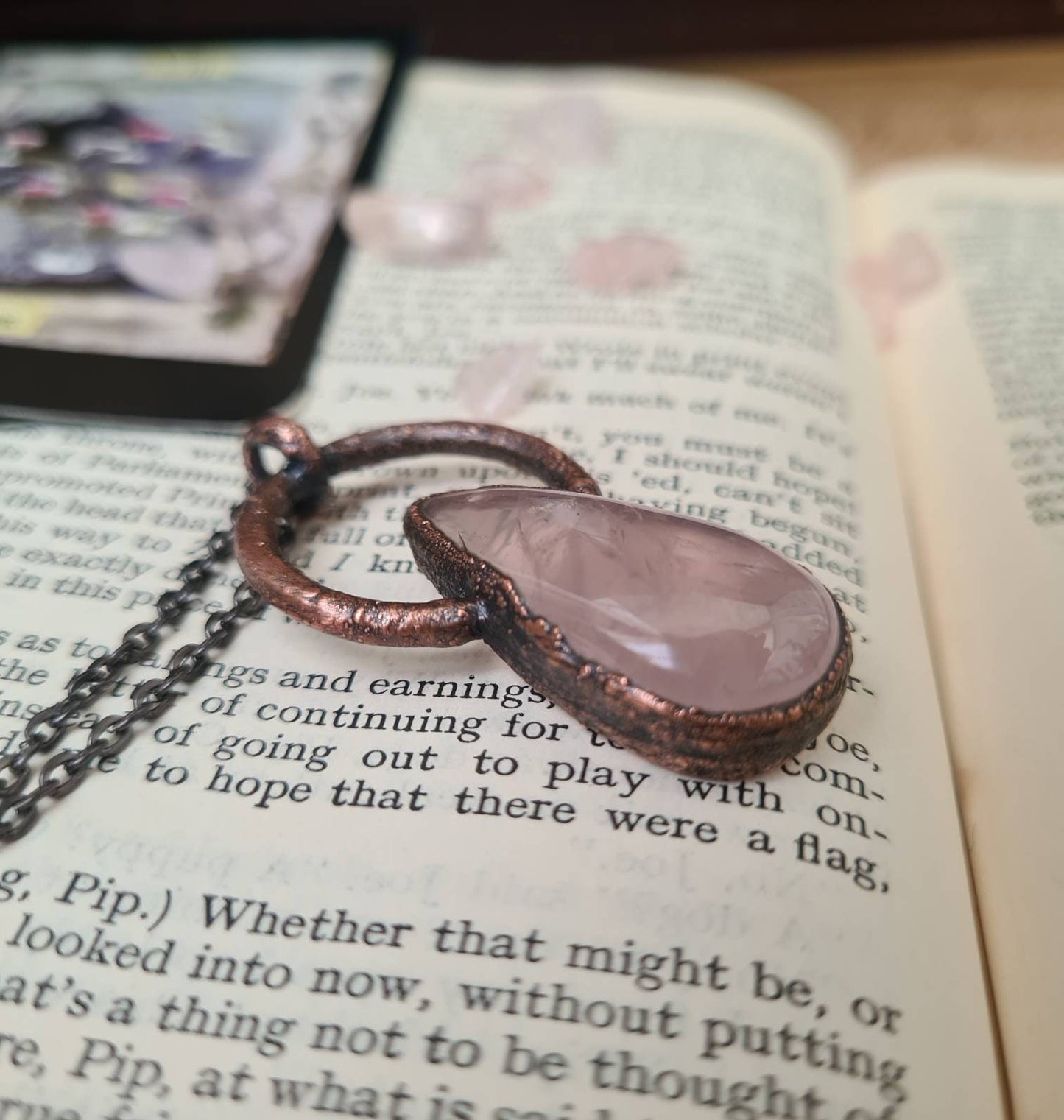 Rose Quartz Pendant - Teardrop Gemstone - Copper Electroformed
