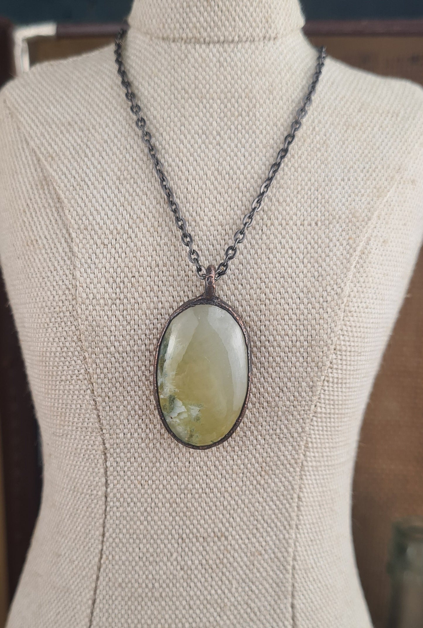 Yellow Prehnite Cabochon - Oval Gemstone - Copper Electroformed