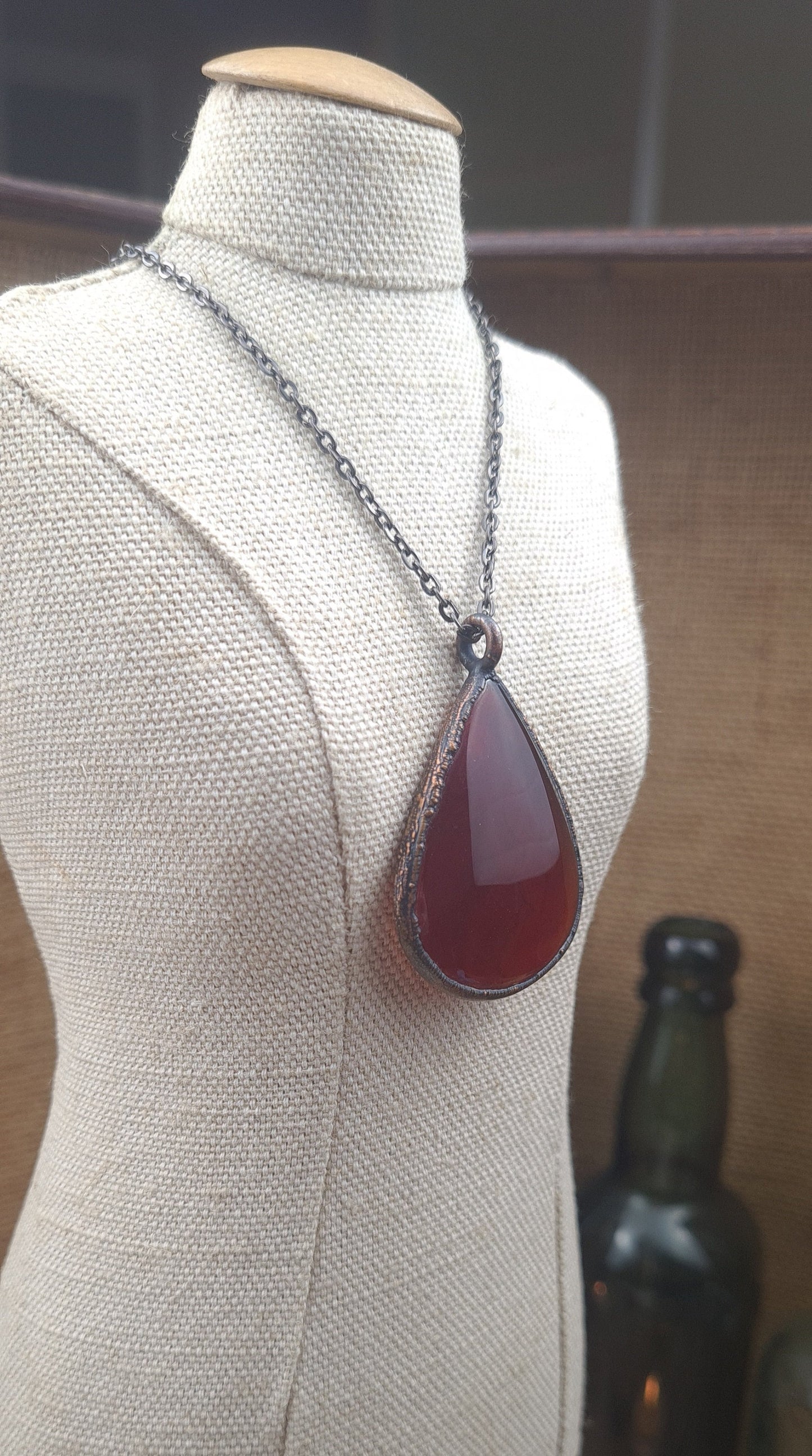 Red Carnelian Cabochon - Teardrop Gemstone - Copper Electroformed