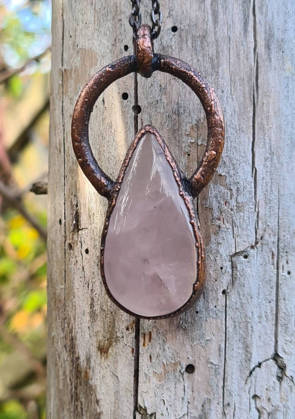 Rose Quartz Pendant - Teardrop Gemstone - Copper Electroformed